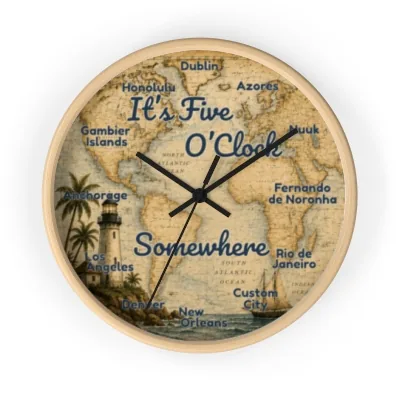 Nautical vintage-map 'It's Five O'Clock Somewhere' world time zone wall clock with a lighthouse and sailing ship, city names at each hour