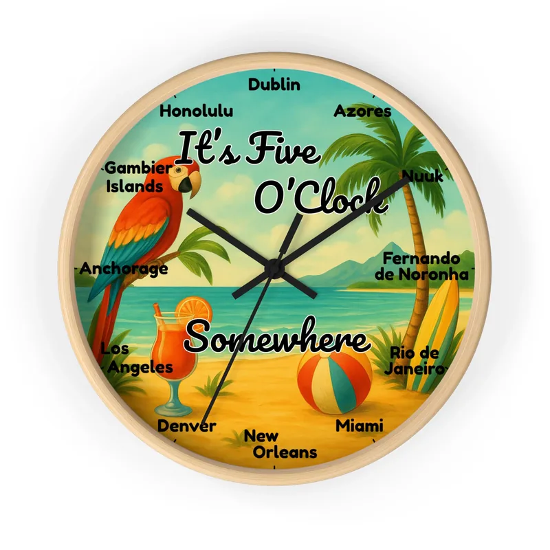 Tropical 'It's Five O'Clock Somewhere' world time zone wall clock with a beach, parrot and cocktail design, city names at each hour